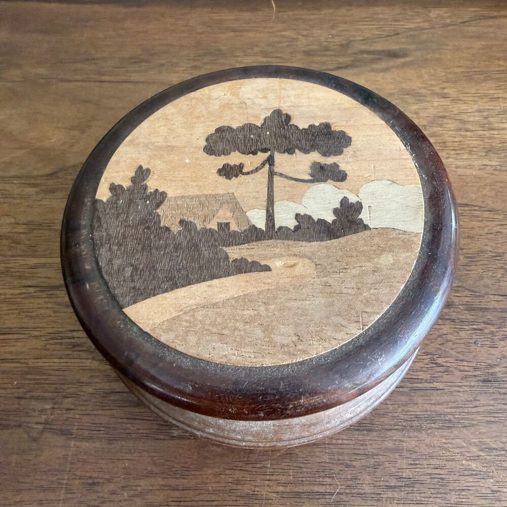 Vintage Inlaid Wood Trinket Box Landscape Marquetry Round Hardwood w/coaster
